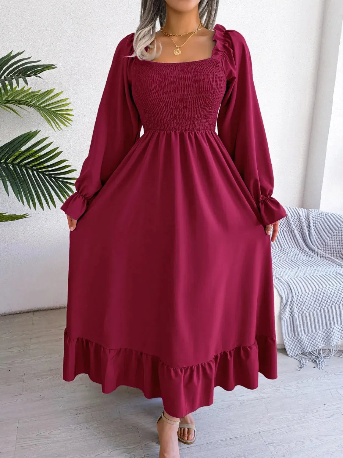 Smocked Square Neck Flounce Sleeve Dress Casual Dresses - Tophatter Daily Deals